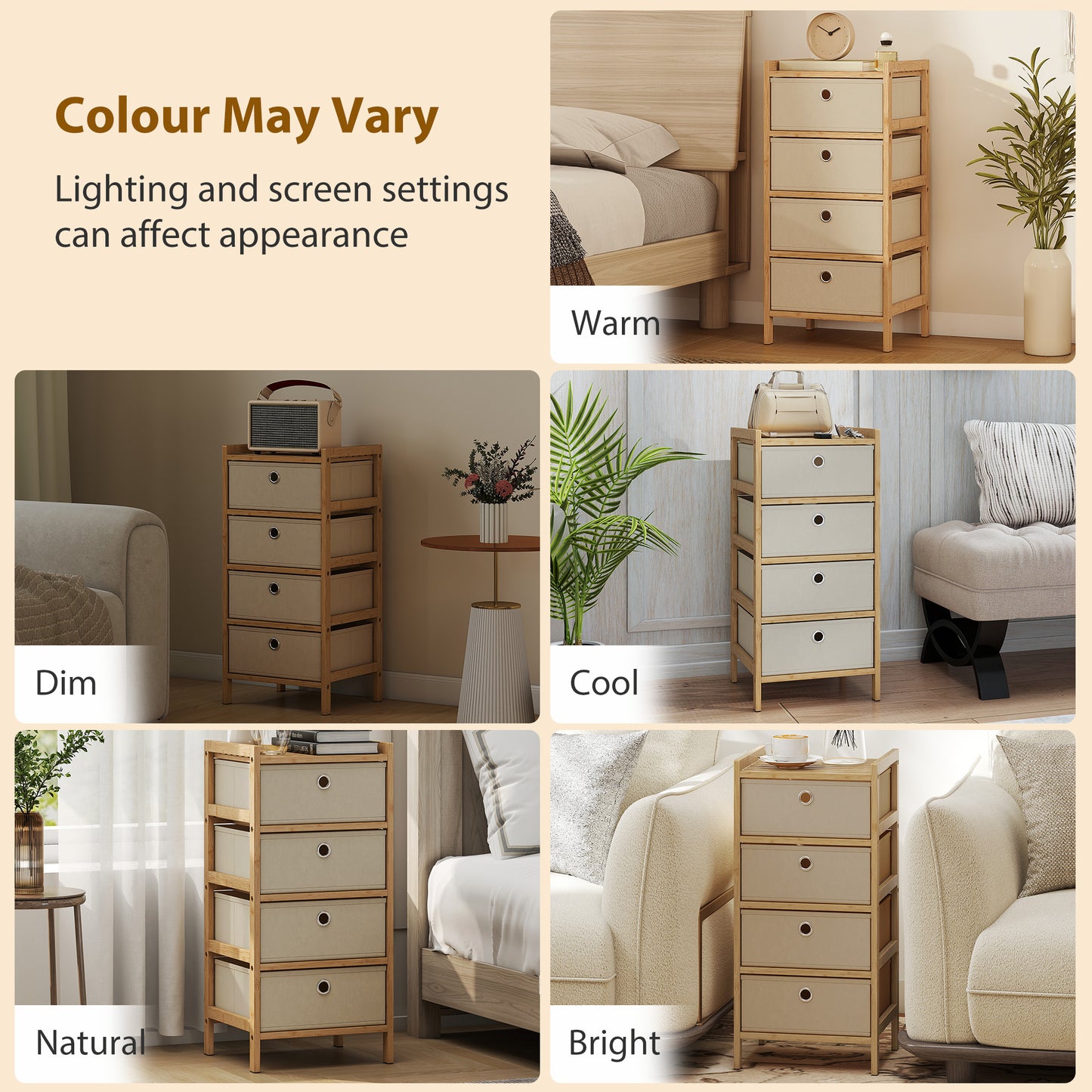 HOMCOM Chest Of Drawers With Bamboo Frame And Four Fabric Drawers Narrow Dresser Cream White