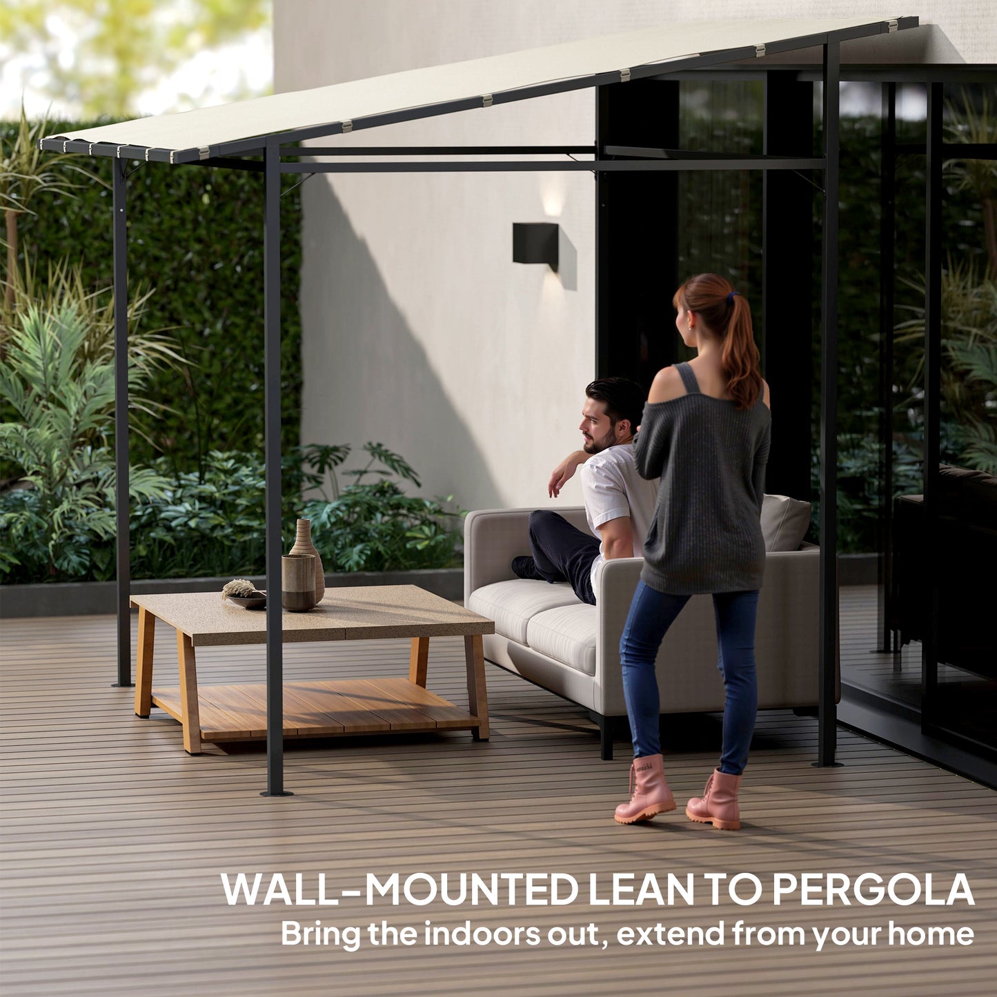 Outsunny 2.4x2.4m Wall Mounted Pergola Gazebo With PA Coated Fabric And Metal Frame Wind Resistant Shelter Cream White