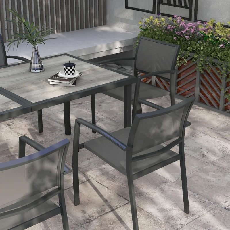 Outsunny 7-Piece Garden Dining Set - Stackable Chairs, Outdoor Patio Dining Set with 6 Seater Table and Breathable Mesh Seat/Back, Plastic Top for Poolside, Space-Saving Design - Grey | Styli - ALL4U RETAILER LTD