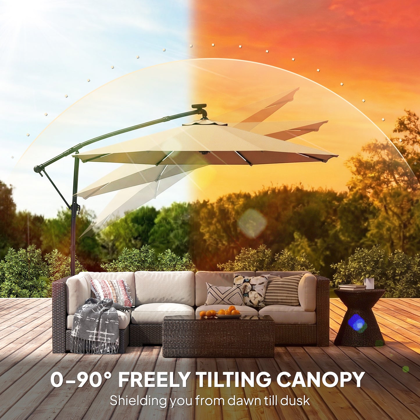 Outsunny Three Meter Cantilever Parasol With LED Solar Lights Round Umbrella 360 Degree Rotation Khaki Cover
