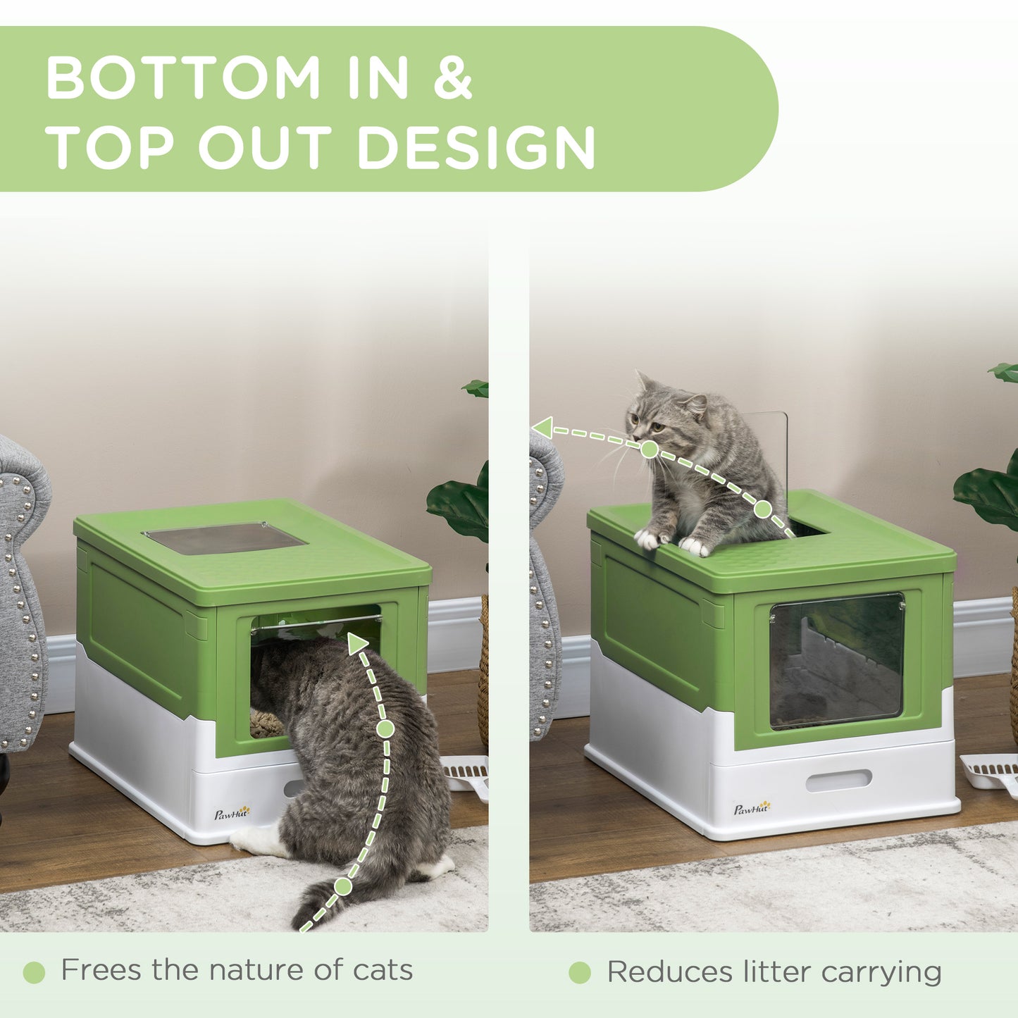 PawHut Enclosed Cat Litter Box with Front Entry, Portable Pet Toilet & Scoop - Lime Green - ALL4U RETAILER LTD