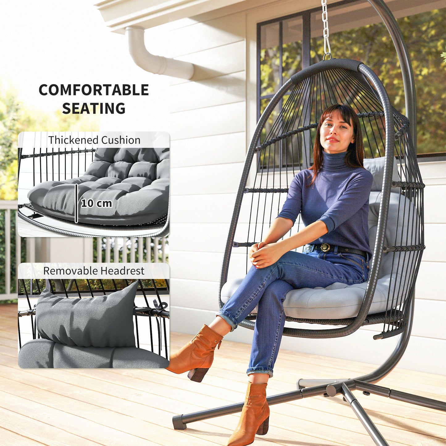 Outsunny Rattan Hanging Egg Chair With Stand Outdoor Indoor Foldable Wicker Swing With Cushion Capacity 150 Kg Dark Grey