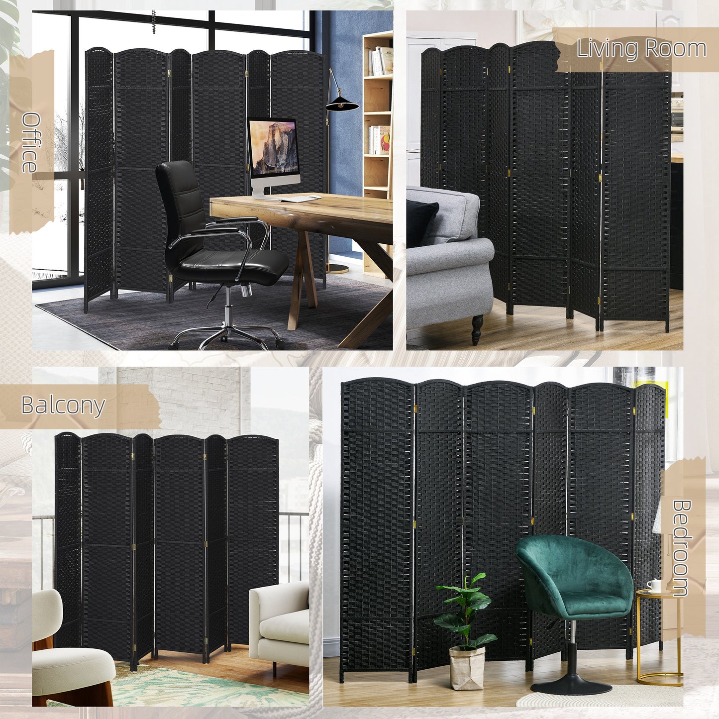 HOMCOM 6 Panel Folding Room Divider Freestanding Privacy Screen For Living Room Bedroom And Office Black 240 X 170 Cm