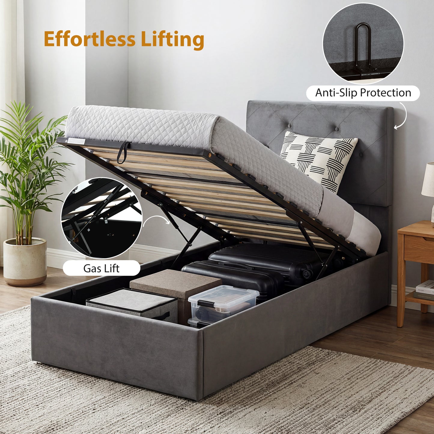 HOMCOM Bed Frame With Gas Lift Storage Under Bed Upholstered Platform Bed Tufted Headboard For 90 X 190 Cm Mattress