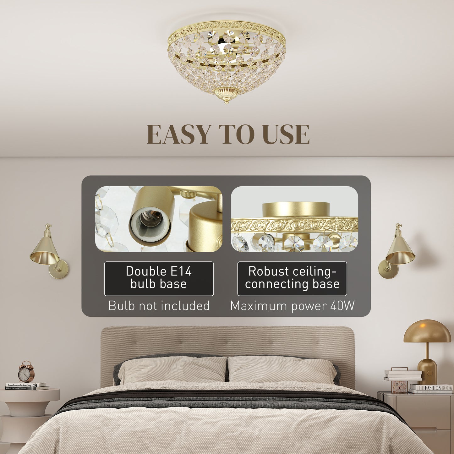 HOMCOM Crystal Chandelier Ceiling Light 168 Octagonal Beads Vintage Two Light Flush Mount Gold Tone For Living Room