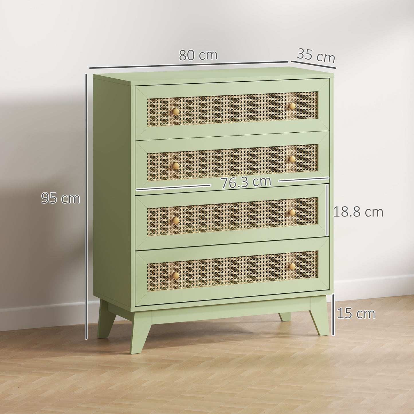 HOMCOM Chest Of Drawers 4 Drawer Storage Organiser With Rattan Weave Panel For Bedroom And Living Room In Light Green