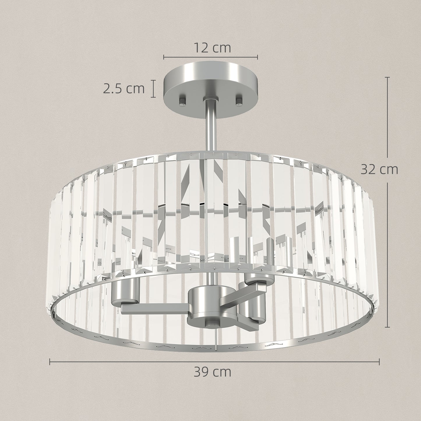 Homcom Crystal Ceiling Light Fixture Semi Flush Mount Modern Chandelier 3 Lights E14 Base Silver Tone Bulbs Not Included