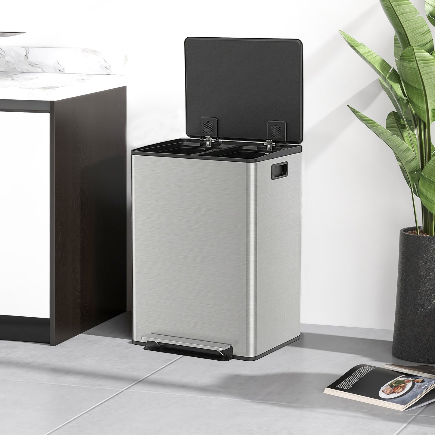HOMCOM 60L Dual Compartment Stainless Steel Bin With Deodoriser Holders Silver Tone