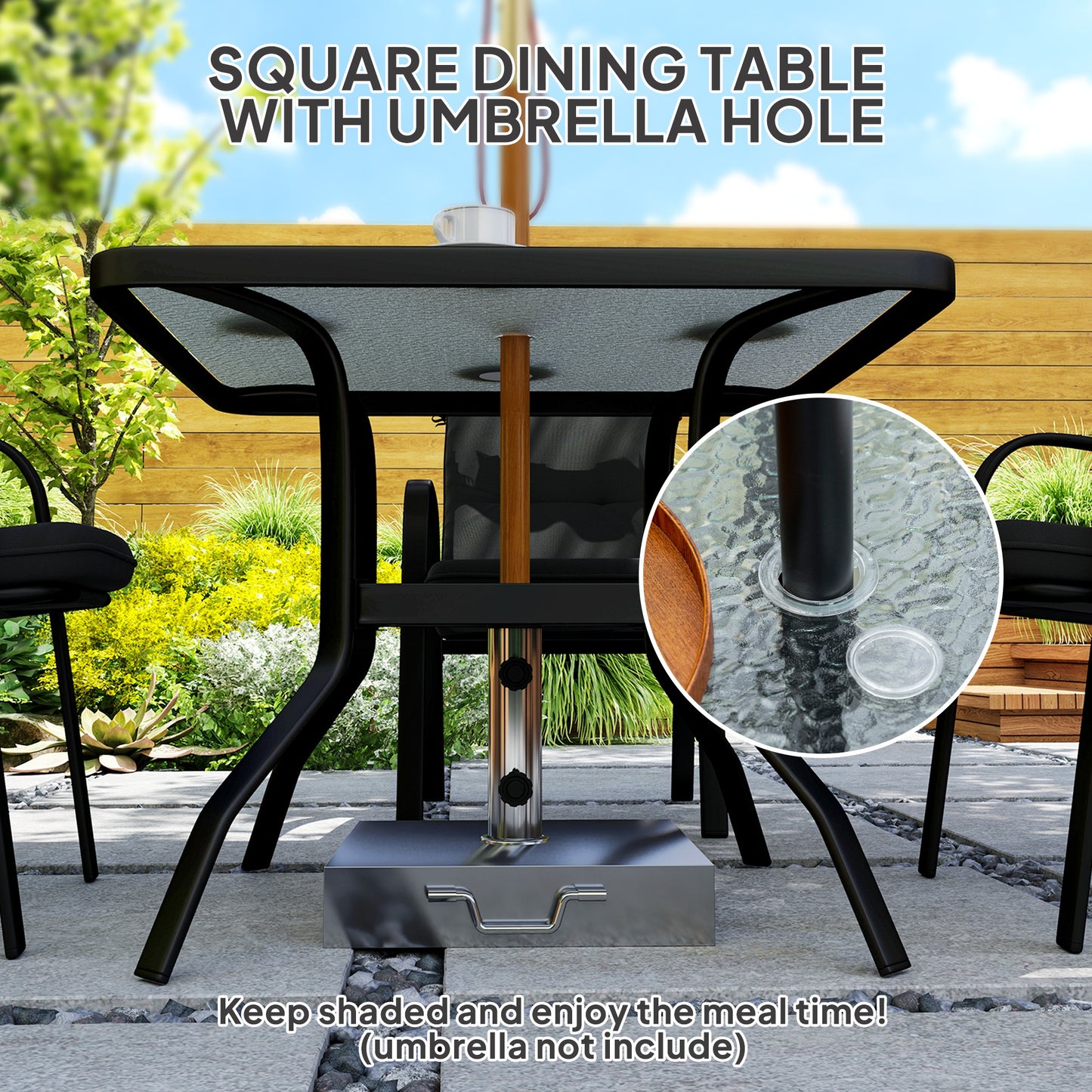 Outsunny Five Piece Garden Dining Set With Tempered Glass Table And Four Cushioned Armchairs Umbrella Hole Black
