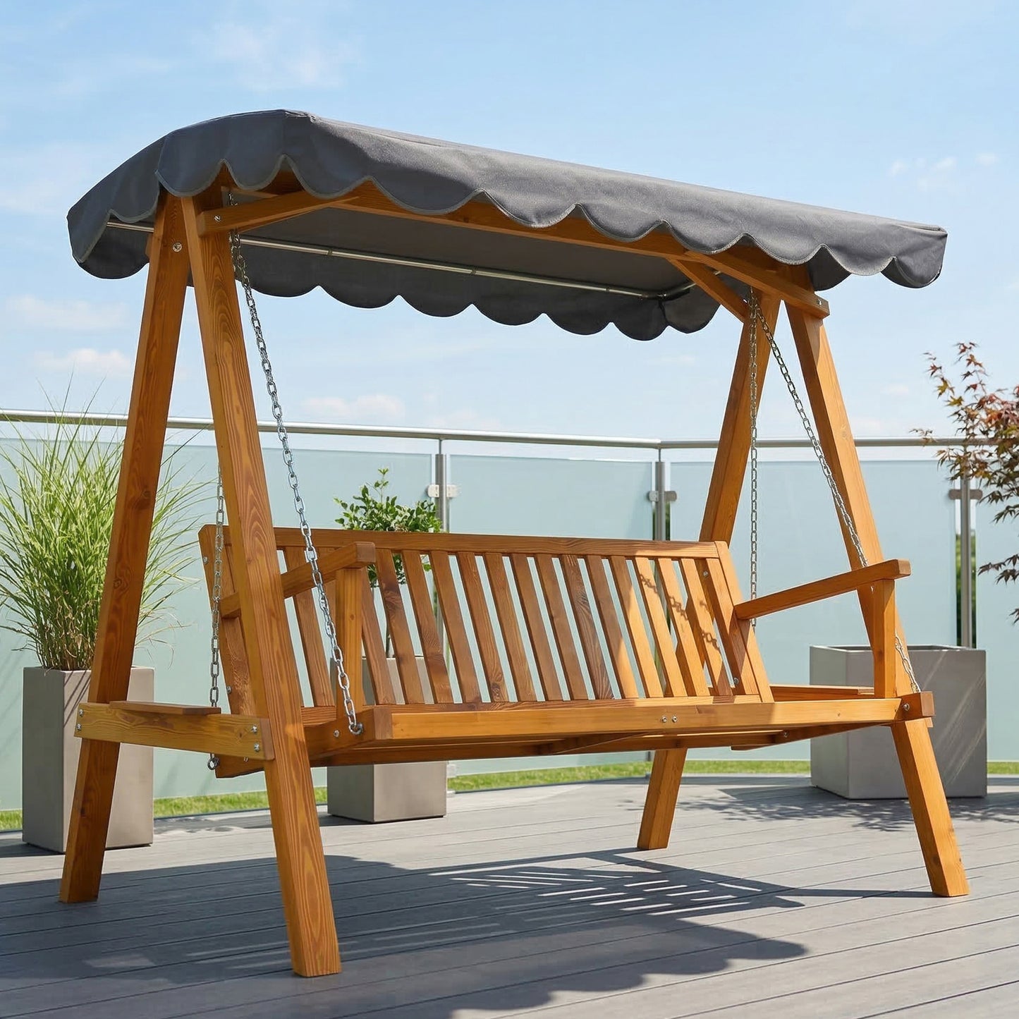 Outsunny 3 Seater Garden Swing Chair With Canopy Outdoor Wooden Swing Hammock Bench Balcony Patio Porch Dark Grey