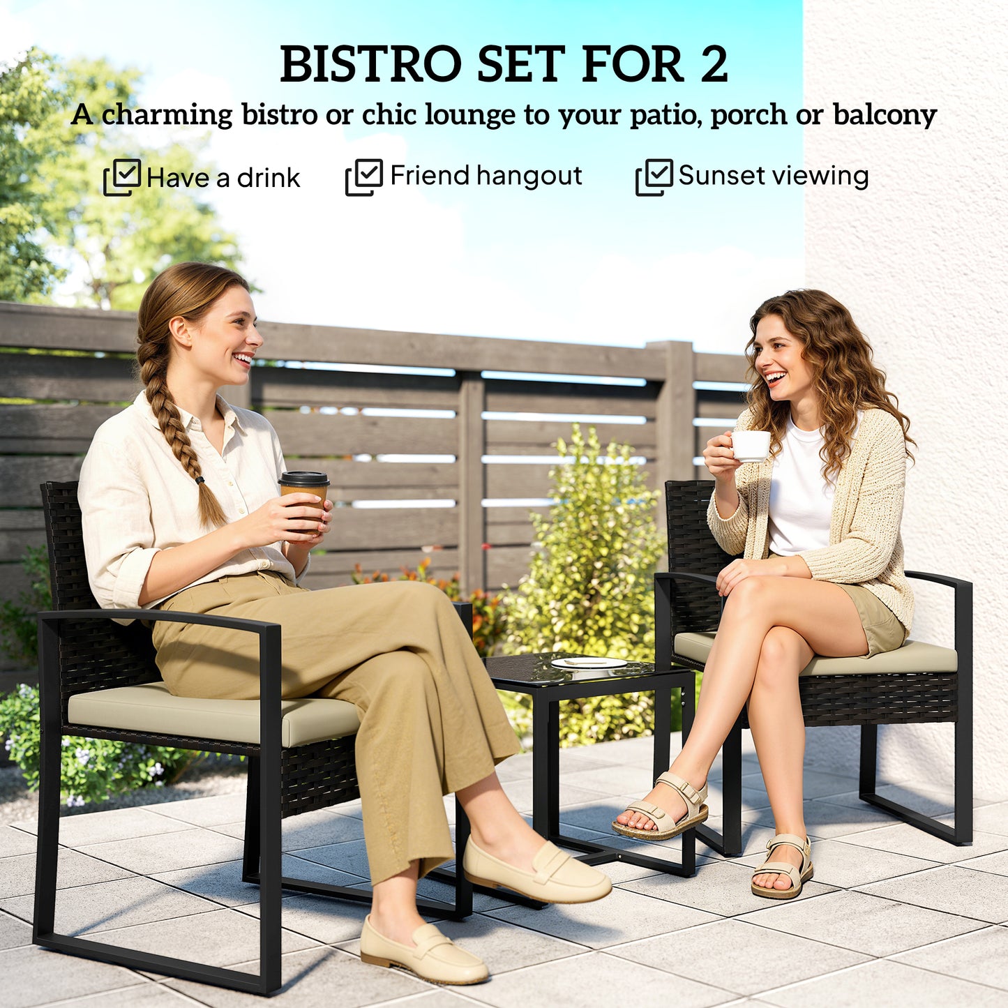 Outsunny Rattan Bistro Set 3 Piece Garden Furniture With Glass Top Table And Cushions Khaki