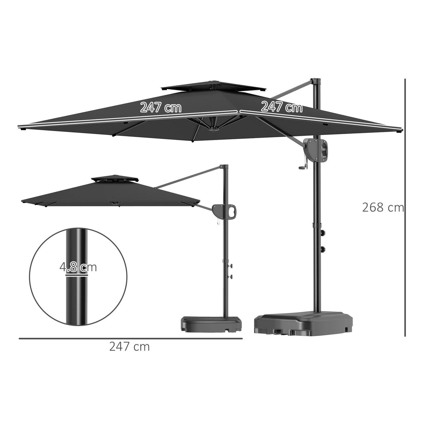 Outsunny Cantilever Parasol With Weighted Base Double Top Square Hanging Patio Umbrella Crank Tilt Dark Grey