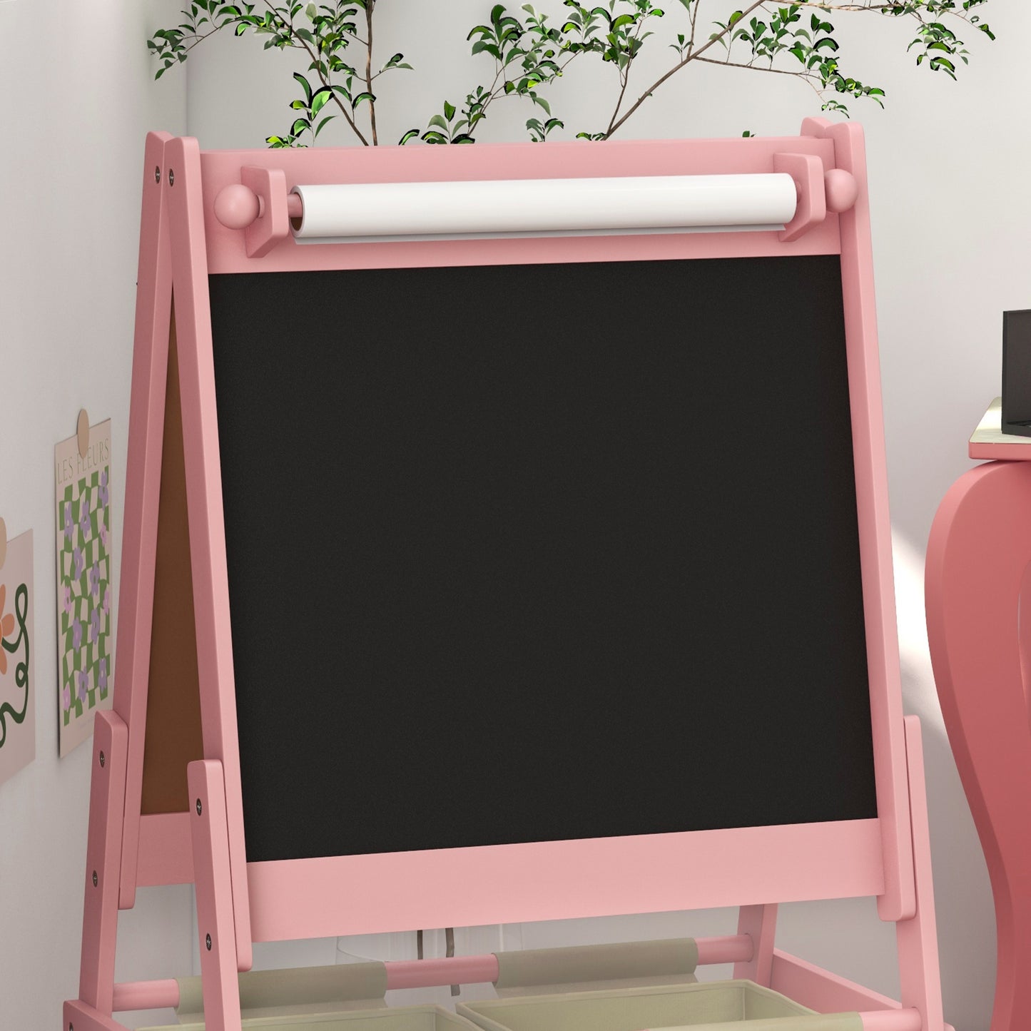 AIYAPLAY Three In One Kids Easel With Paper Roll And Storage Pink Educational Art Station