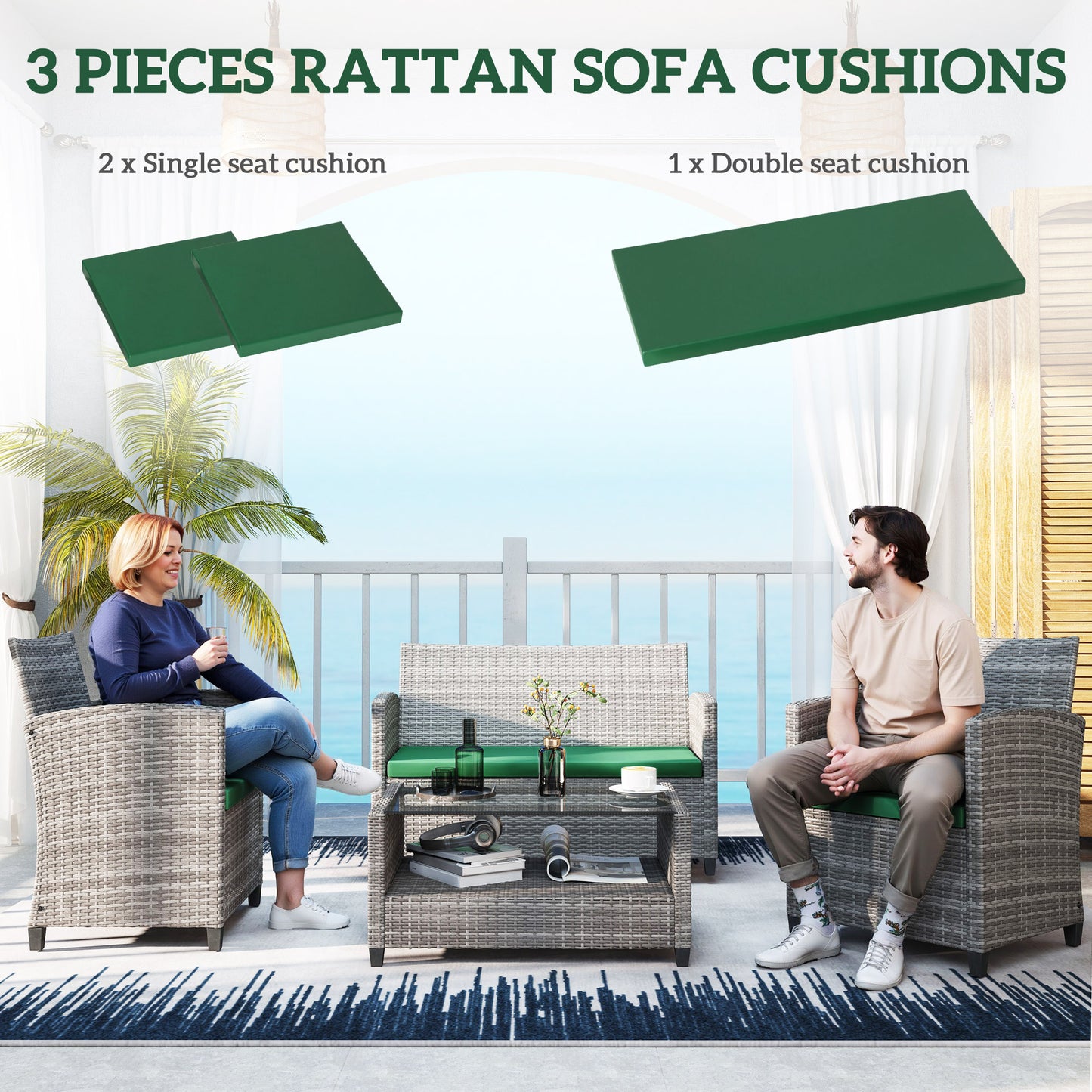Outsunny Outdoor Seat Cushion Pads For Rattan Furniture 3 Piece Set Green Replacement Cushions