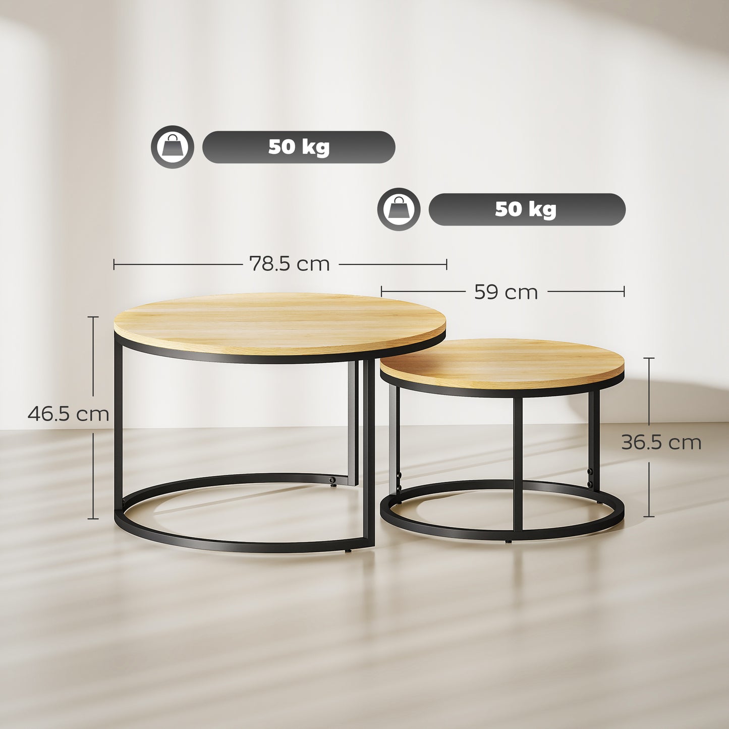 HOMCOM Wood Effect Nesting Tables Set of Two Natural Finish Stacking Side Tables for Living Room