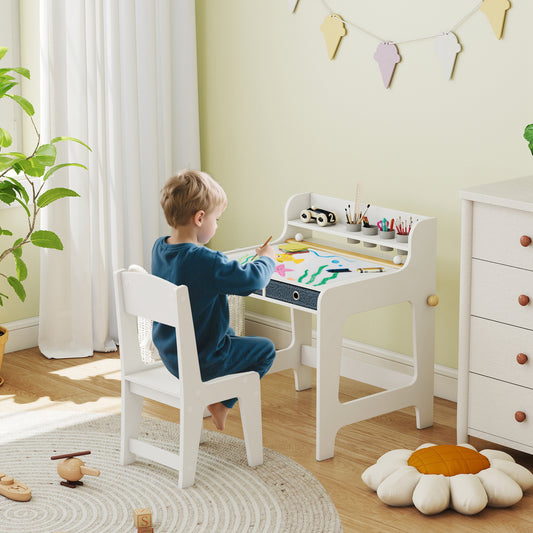 AIYAPLAY Kids Art Table and Chair Set with Storage Shelf and Drawers and Cupholders