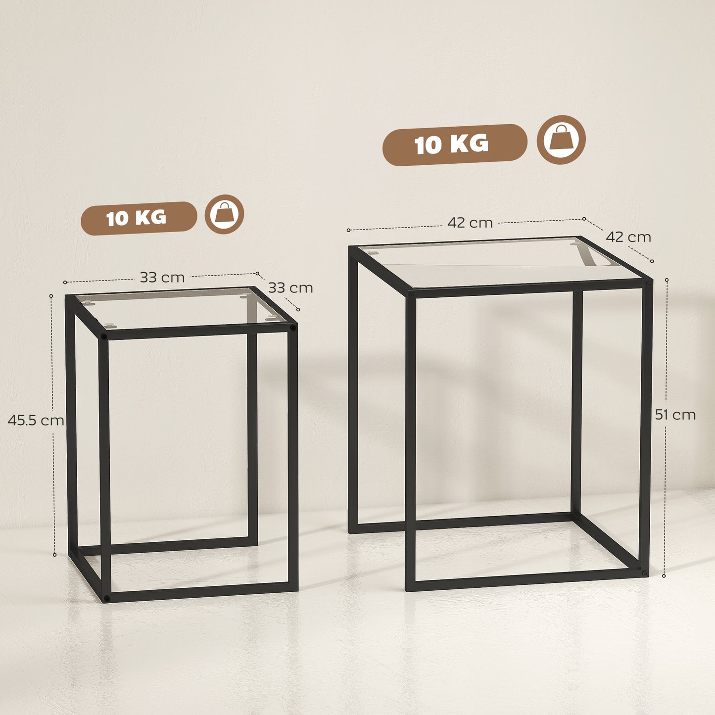 HOMCOM Nesting Tables Set of 2 With Tempered Glass Tops and Steel Frame Space Saving End Tables for Living Room Black