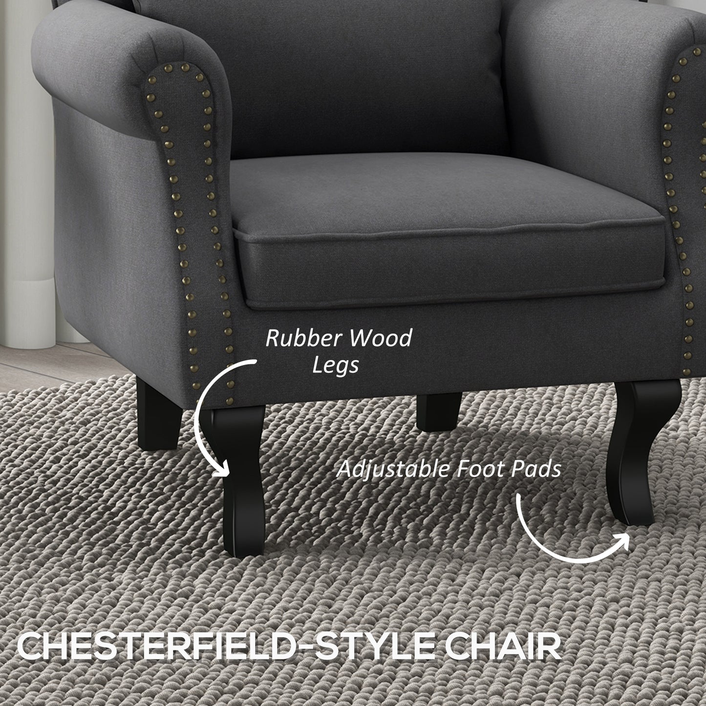 HOMCOM Chic Dark Grey Chesterfield Wingback Accent Chair with Tufted Upholstery and Lumbar Pillow - ALL4U RETAILER LTD