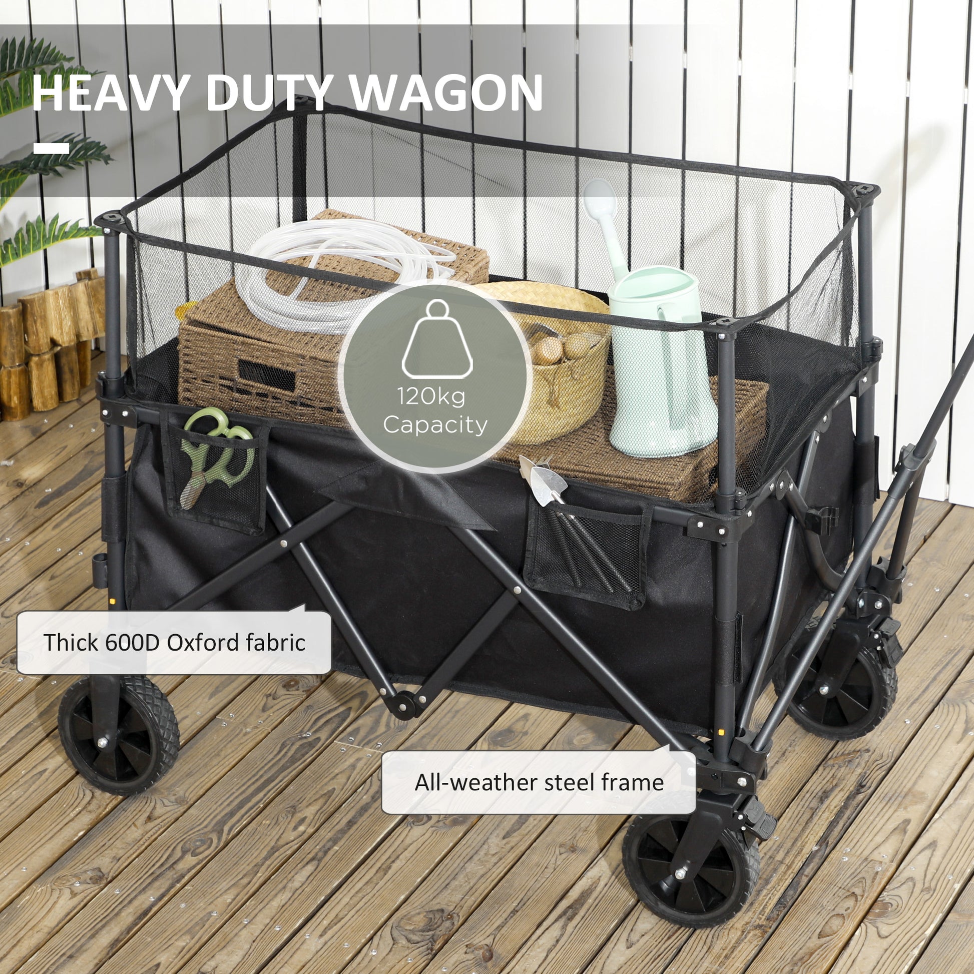 Outsunny Versatile Folding Garden Trolley - 180L Capacity Wagon Cart with Extendable Sides for Beach, Camping & Festivals - Black - ALL4U RETAILER LTD