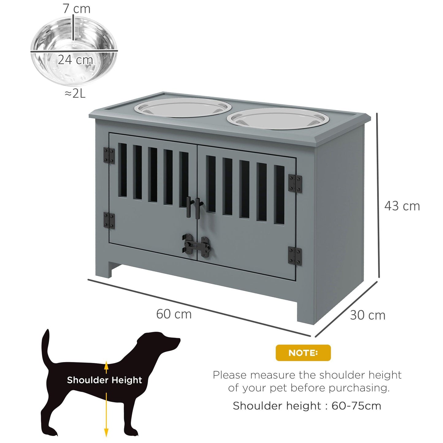 PawHut Raised Dog Bowls for Large Dogs Feeding Station w/ Stand, Storage - Grey - ALL4U RETAILER LTD