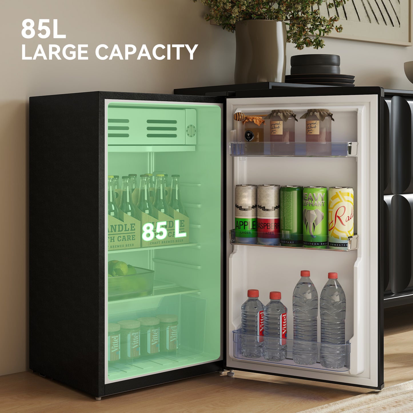 HOMCOM 85L Under Counter Fridge Retro Refrigerator With Chiller Box Glass Shelves Adjustable Thermostat Black