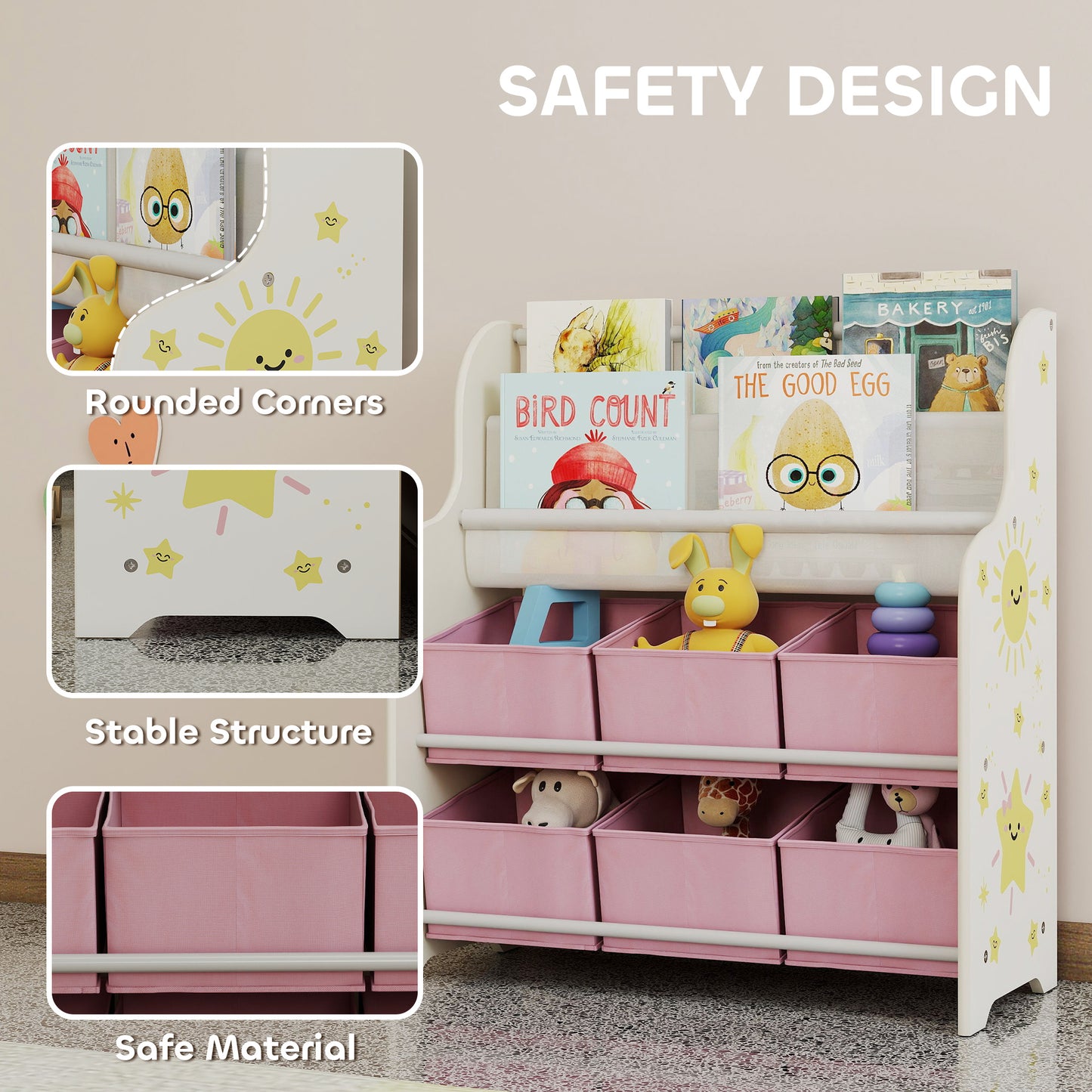 AIYAPLAY Kids Storage Unit Toy Organizer With Six Fabric Drawers And Two Tier Sling Book Rack Pink