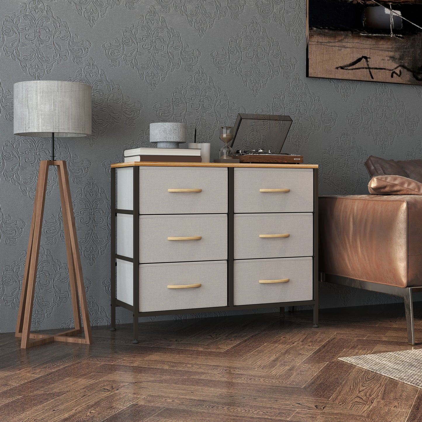 HOMCOM Fabric Chest With 6 Drawers Steel Frame Wooden Top Cream White For Nursery Living Room Hallway