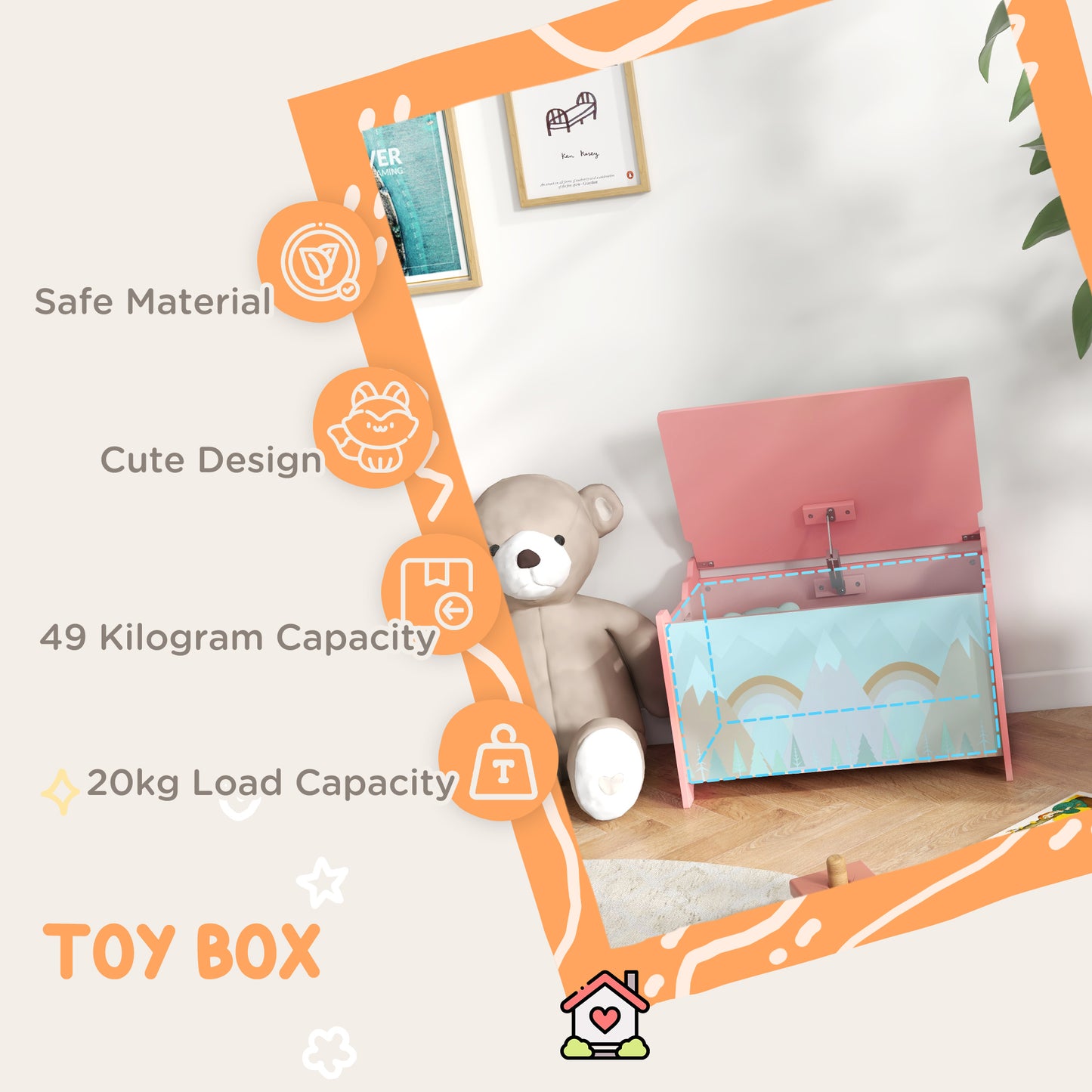 ZONEKIZ Toy Box Girls Boys Kids Toy Chest Lid Safety Hinge Cute Animal Design Pink. - ALL4U RETAILER LTD