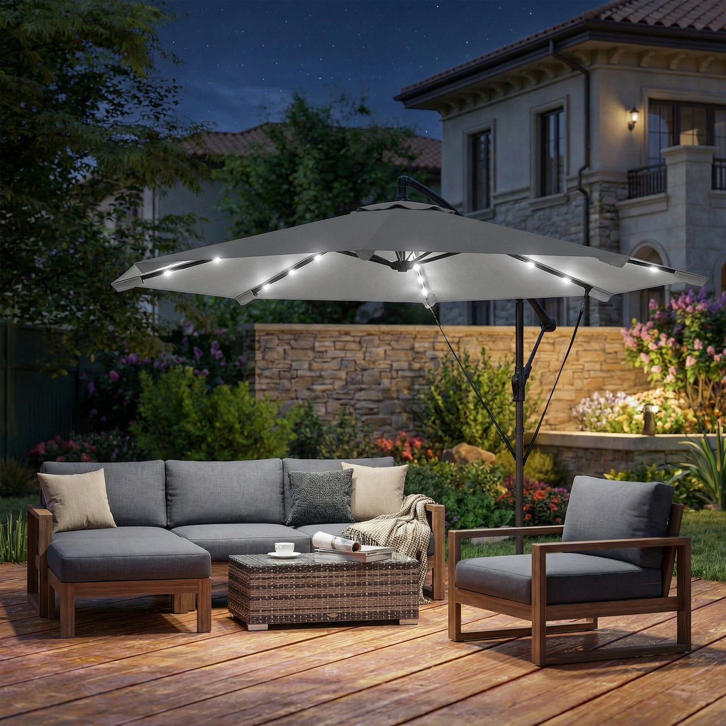 Outsunny 3m Cantilever Parasol With Solar LED Lights Garden Umbrella Cross Base Light Grey