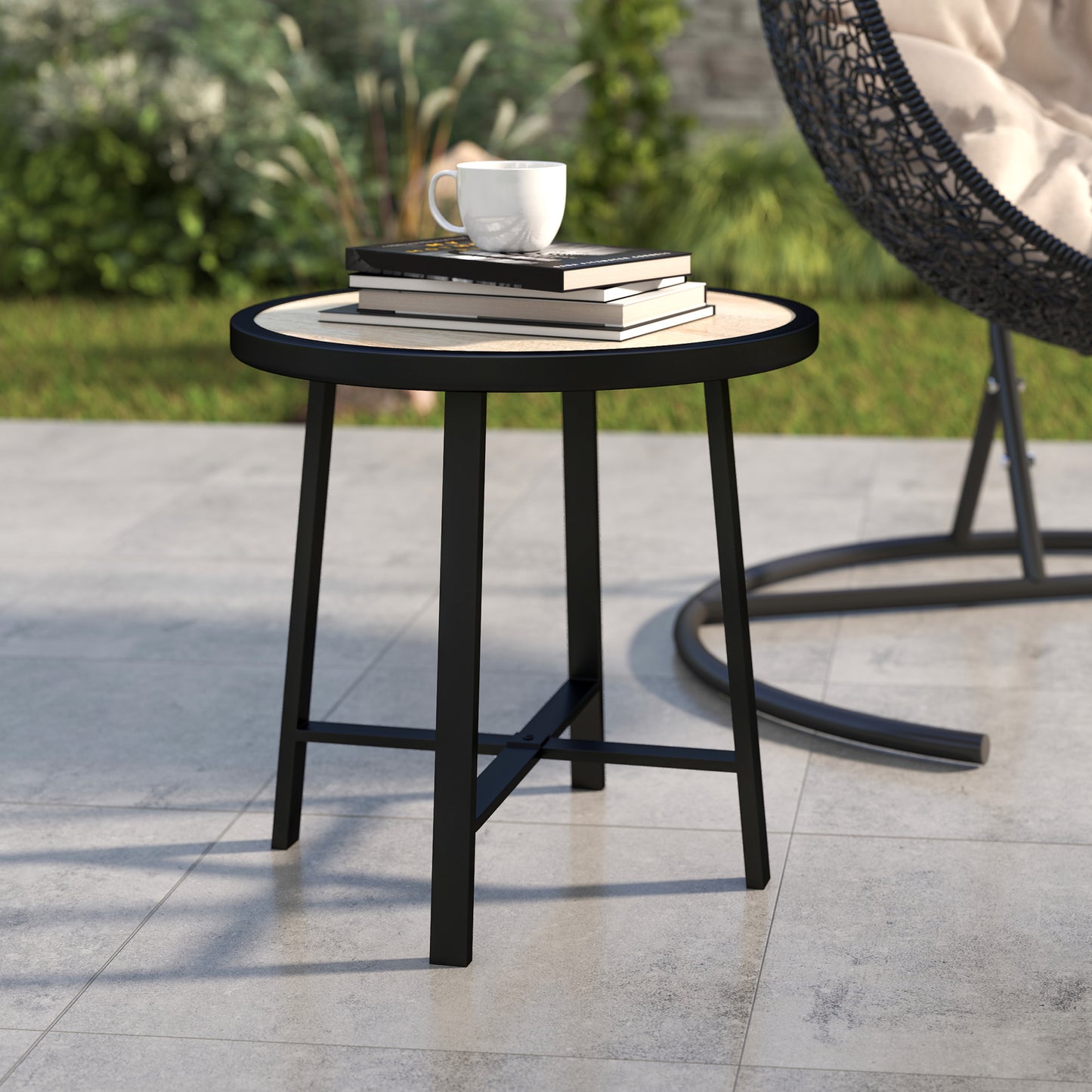 Outsunny Round Garden Table 50.5cm With SPC Tabletop And Metal Frame Anti Slip Feet Nature Wood Finish Outdoor Balcony