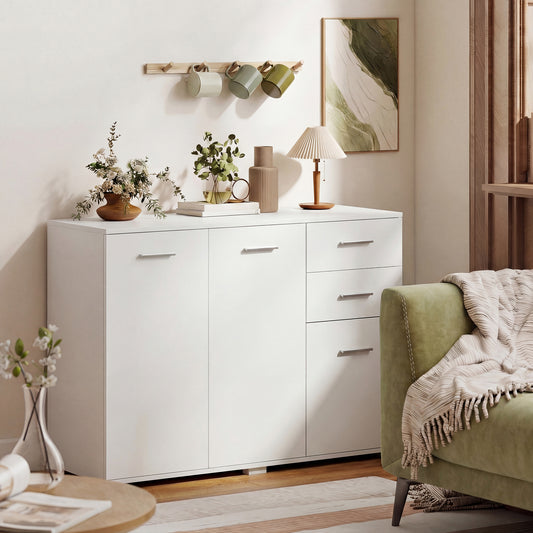 HOMCOM White Sideboard Cabinet With 2 Drawers 3 Doors And Adjustable Shelves For Modern Storage