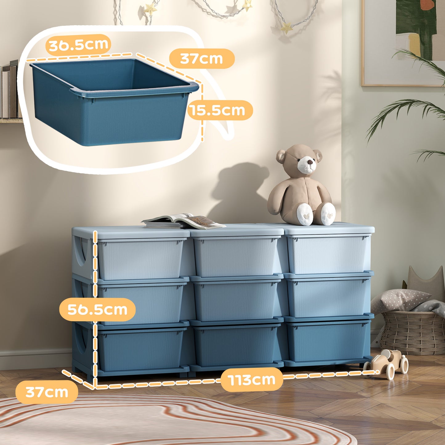HOMCOM Kids Storage Unit With Nine Drawers Blue Durable PP Material Toy Organizer For Kids Bedroom
