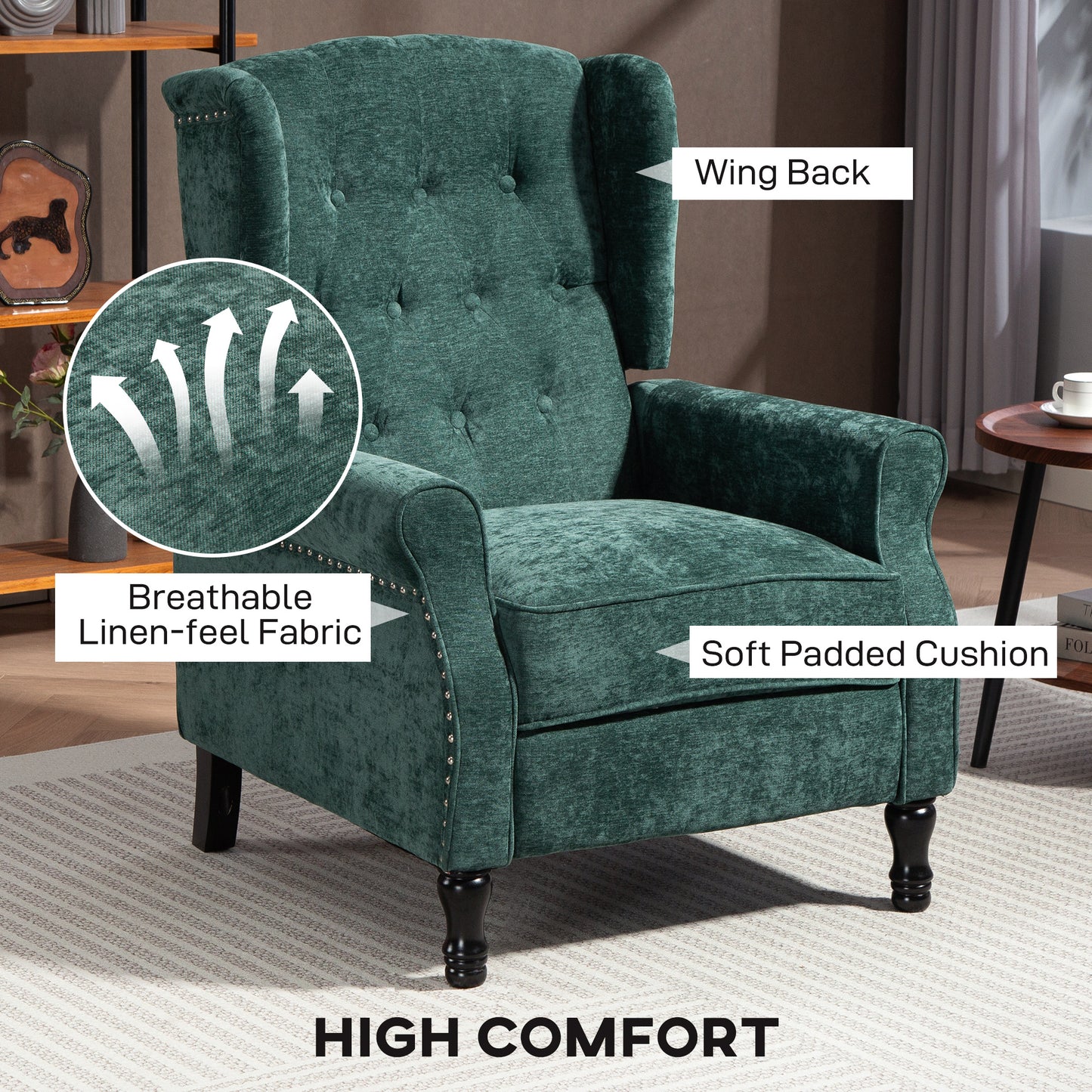 HomCom 150 Degree Reclining Vintage Armchair With Footrest In Dark Green Tufted Back And Wooden Frame