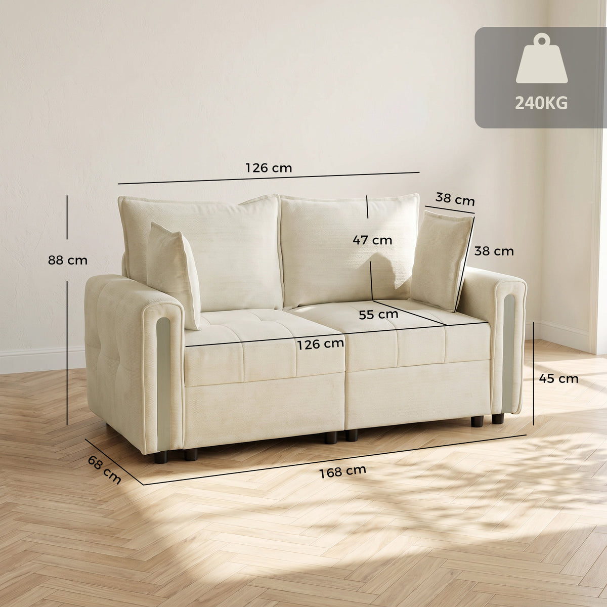 Beige 2-seater velvet loveseat with wide seat cushions and built-in lift-up storage.