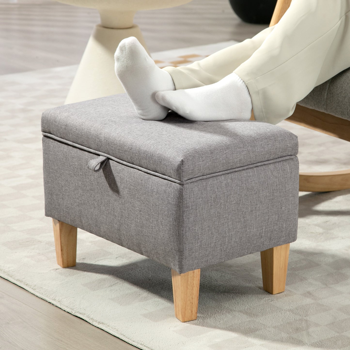 HOMCOM Linen Storage Ottoman 16L Padded Footstool With Rubberwood Legs For Storage Bed End Shoe Bench Seating Light Grey