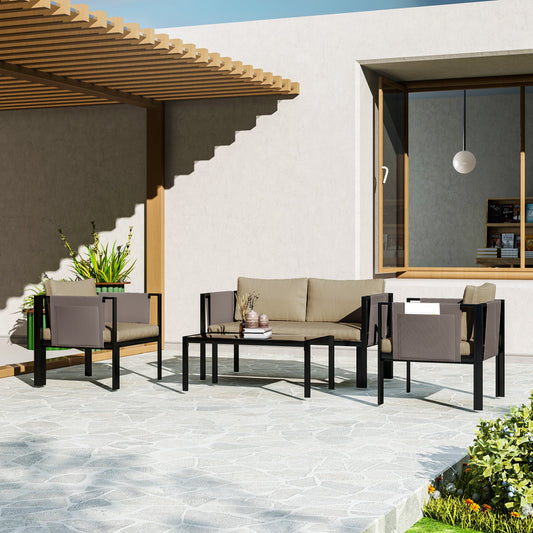Outsunny 4 Piece Metal Garden Furniture Set With Tempered Glass Coffee Table And Cushioned Armchairs Khaki Outdoor