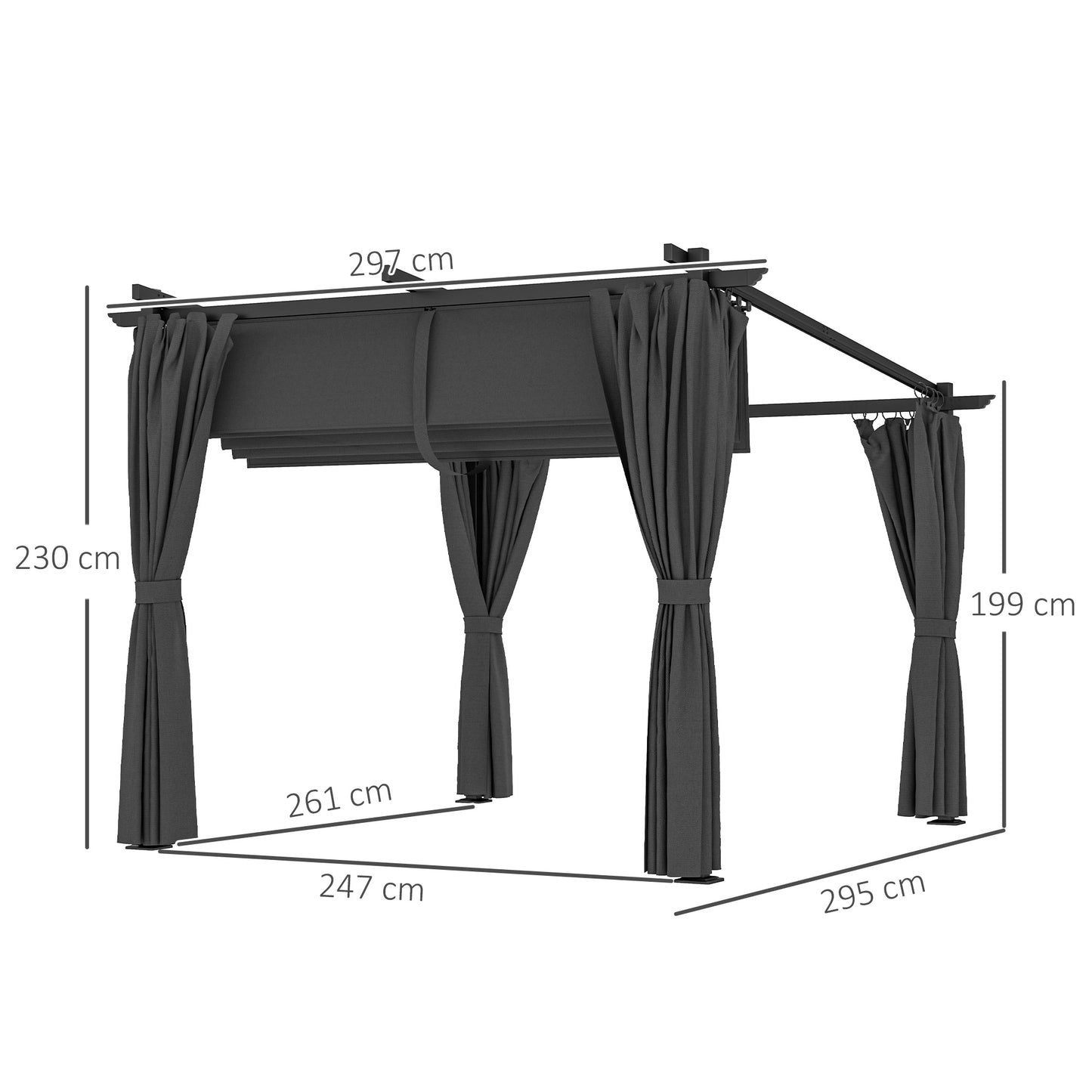 Outsunny 3 x 3 m Retractable Roof Pergola With Curtains Dark Grey Outdoor Patio Shade