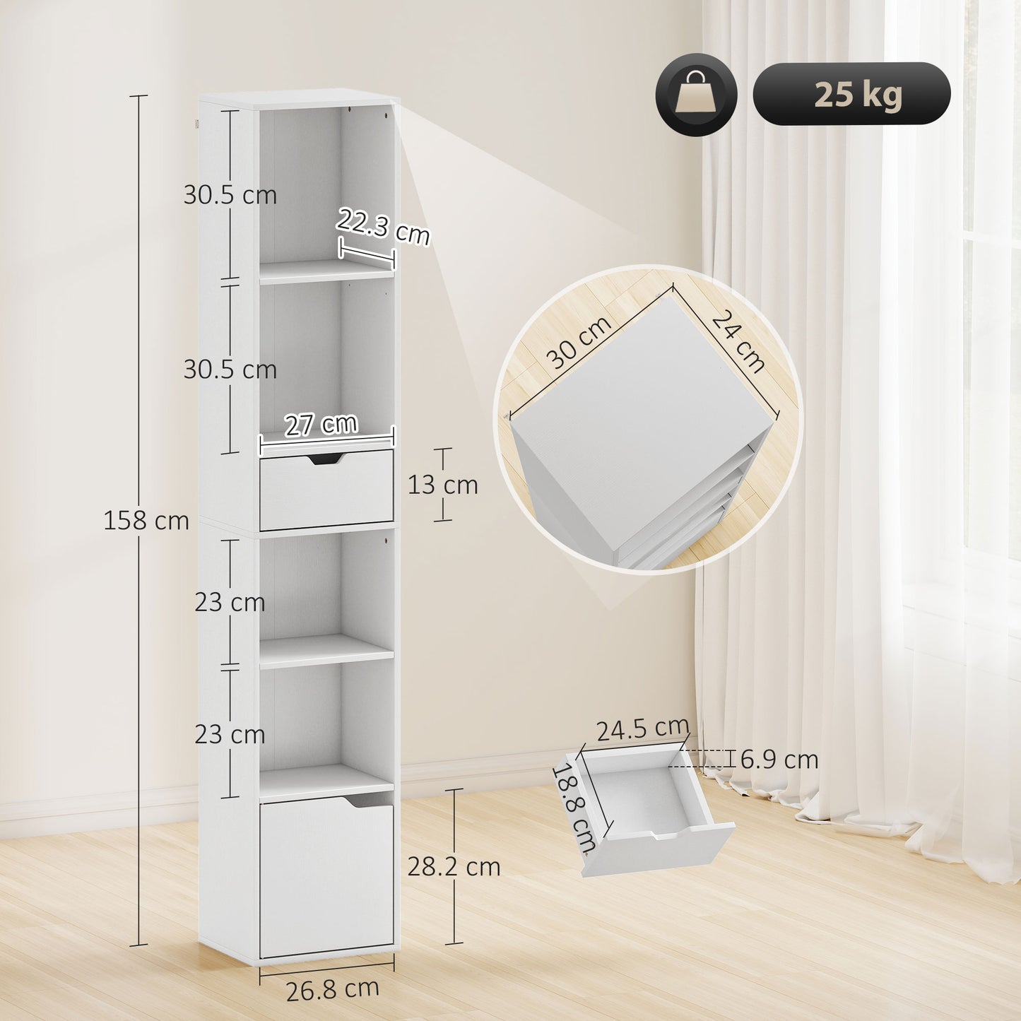 HOMCOM 6-Tier Tall Narrow Bookcase With Drawer And Door White Finish For Living Room Office Storage