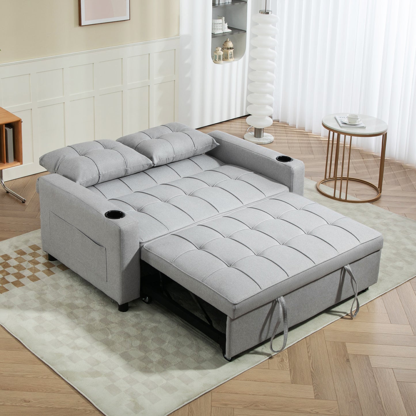 HOMCOM Two Seater Pull Out Sofa Bed Light Grey Click Clack With Three Level Adjustable Back Linen Look Upholstery