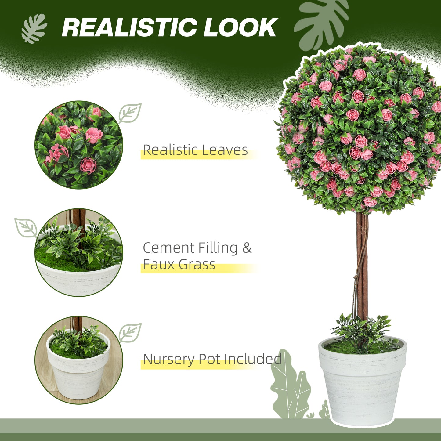 HOMCOM Set of 2 Decorative Artificial Plants Ball Topiary Tree with Rose Flowers in Pot Pink 60cm UV Resistant