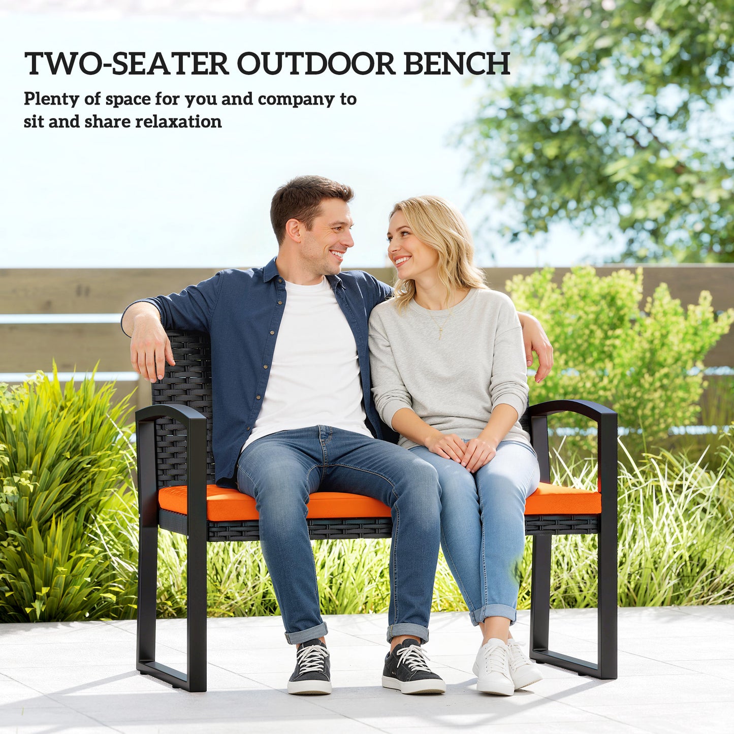 Outsunny Two Seater Rattan Garden Bench With Cushioned Seat Orange Powder Coated Steel Frame