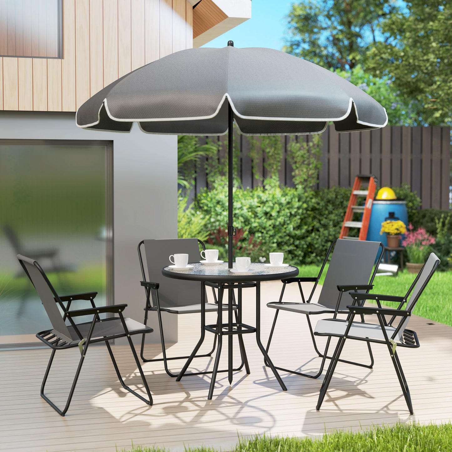 Outsunny 4 Seater Outdoor Garden Furniture Set With Parasol Round Glass Top Table And Folding Chairs For Patio Grey