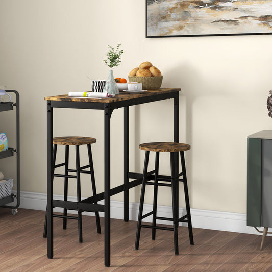 HOMCOM 3 Piece Bar Table Set With 2 Stools Industrial Rustic Brown Dining Table And Chair Set