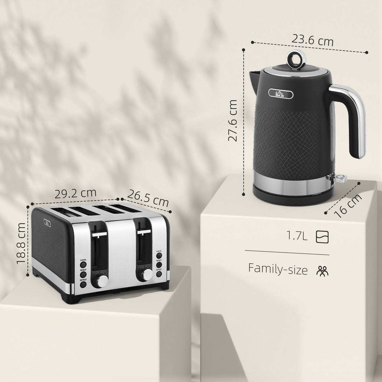 HOMCOM Kettle And Four Slice Toaster Set Black Sleek Textured Kitchen Appliance Pair