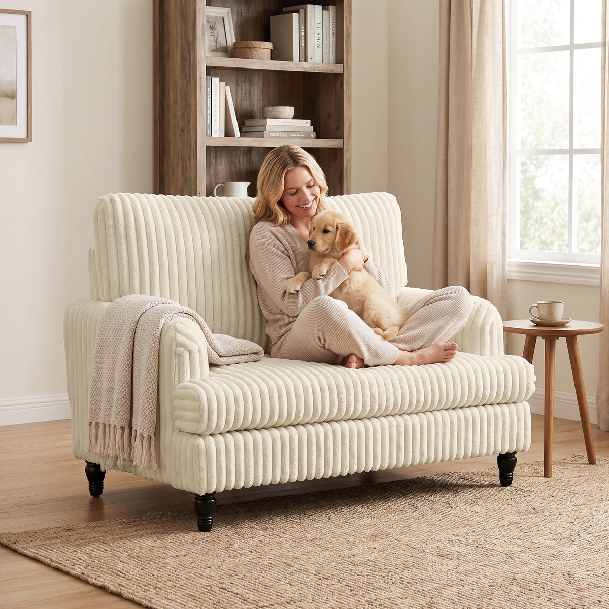 Cream corduroy accent armchair with ribbed vertical stripes, rolled arms, and sturdy legs