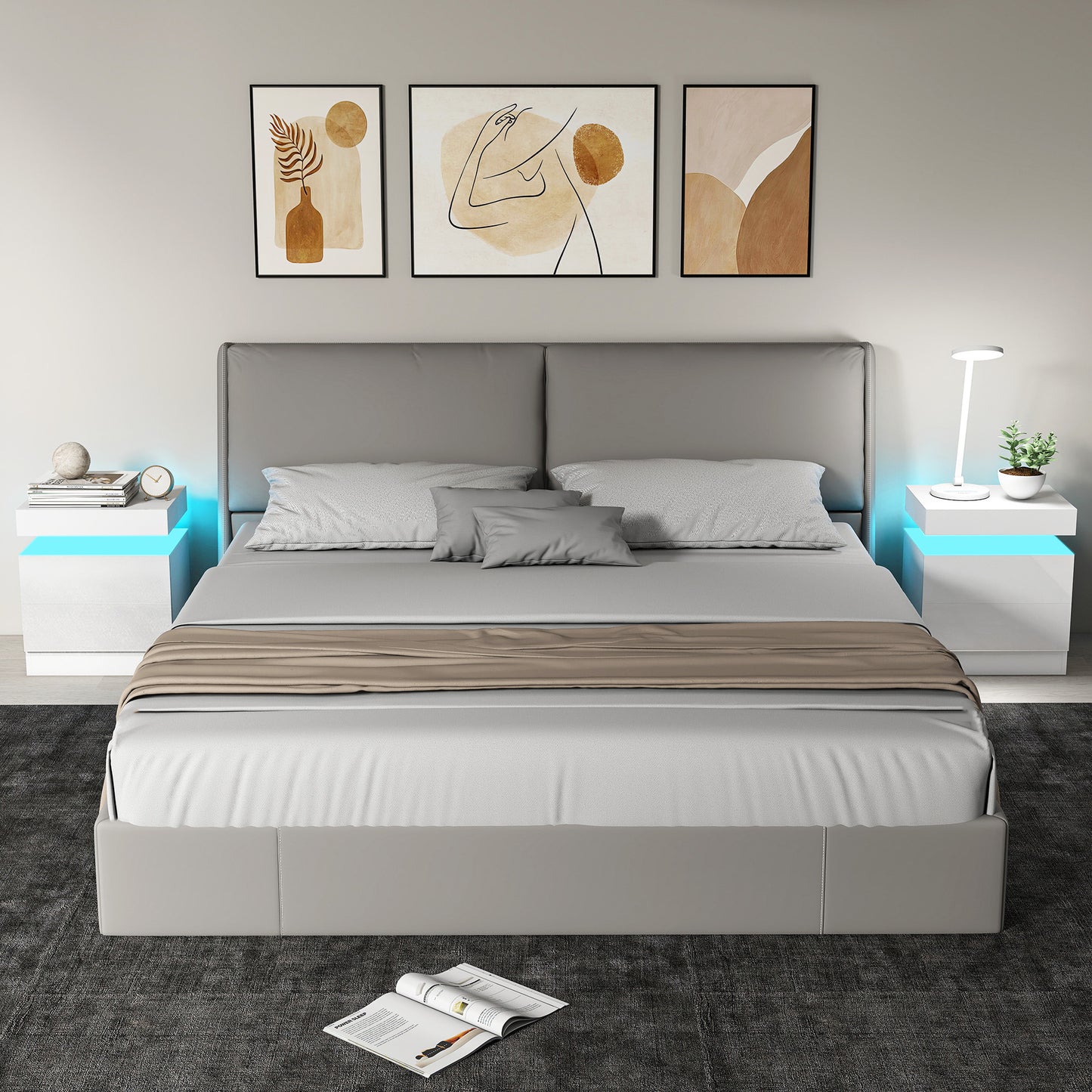 HOMCOM White Bedside Table With LED Light Set Of 2 Nightstand For Bedroom Living Room High Gloss Front And 2 Drawers