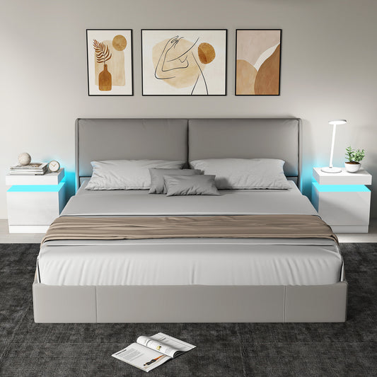 HOMCOM White Bedside Table With LED Light Set Of 2 Nightstand For Bedroom Living Room High Gloss Front And 2 Drawers