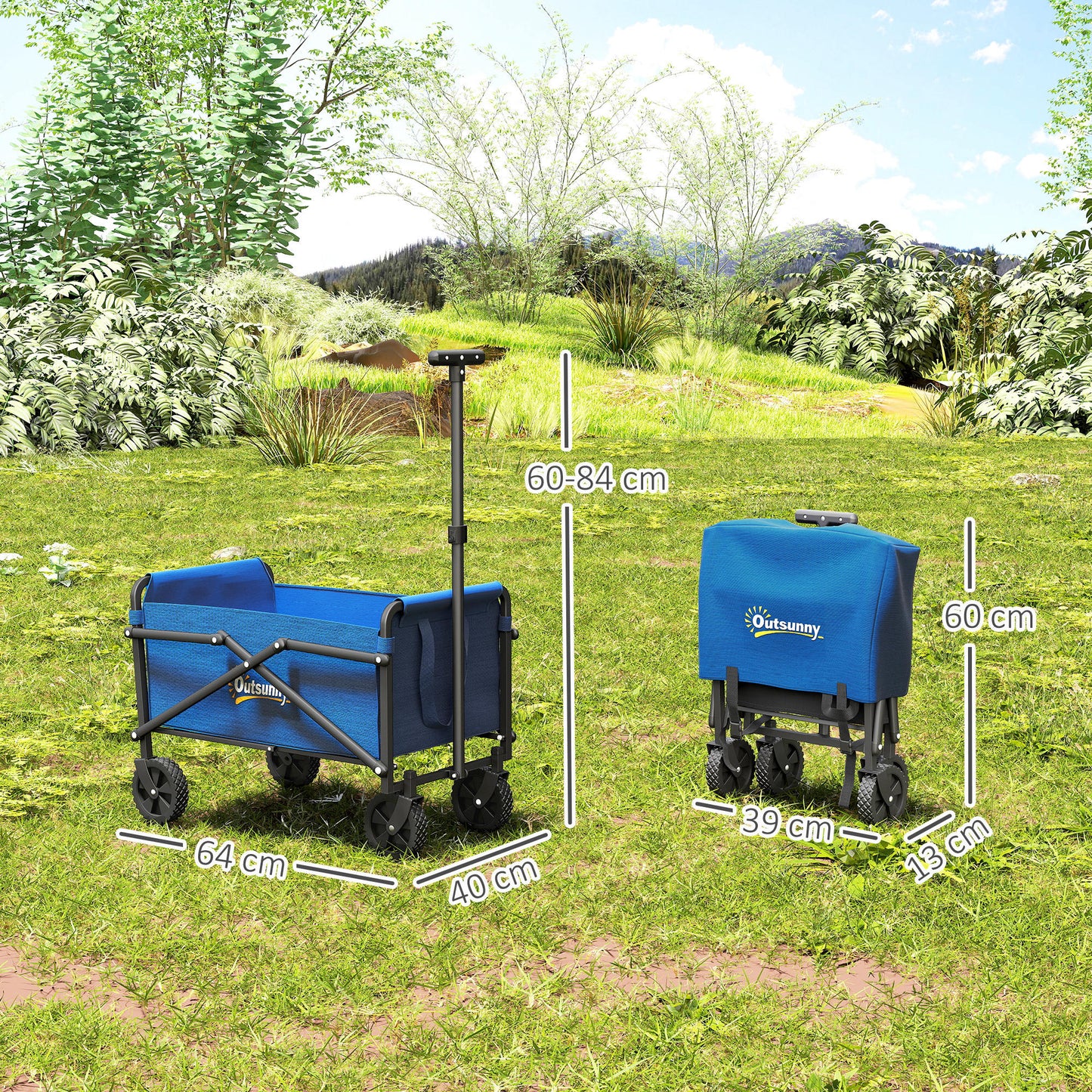 Outsunny 41L Festival Trolley On Wheels 60Kg Heavy Duty Collapsible Wagon With Adjustable Handle And Carry Bag Blue