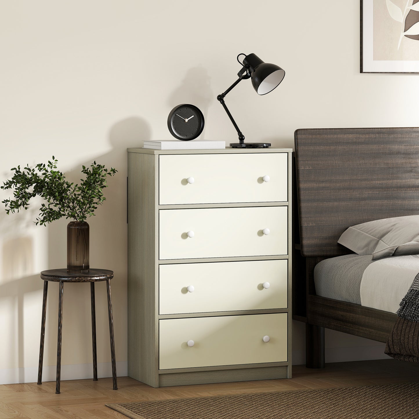 HOMCOM Chest Of Drawers Dresser With Four Fabric Drawers White And Grey Wood Effect MDF Steel Frame