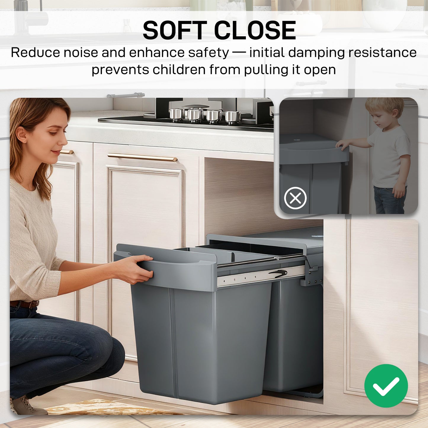 HOMCOM Pull Out Kitchen Bin Under Sink With Dual Removable Compartments And Smooth Glide Grey